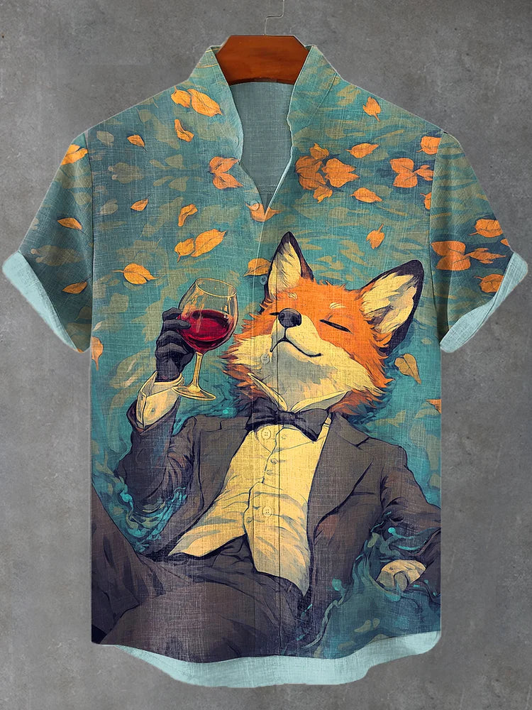 Benjamin Men's Autumn Nature Drunk Fox Gentleman Print Casual Shirt