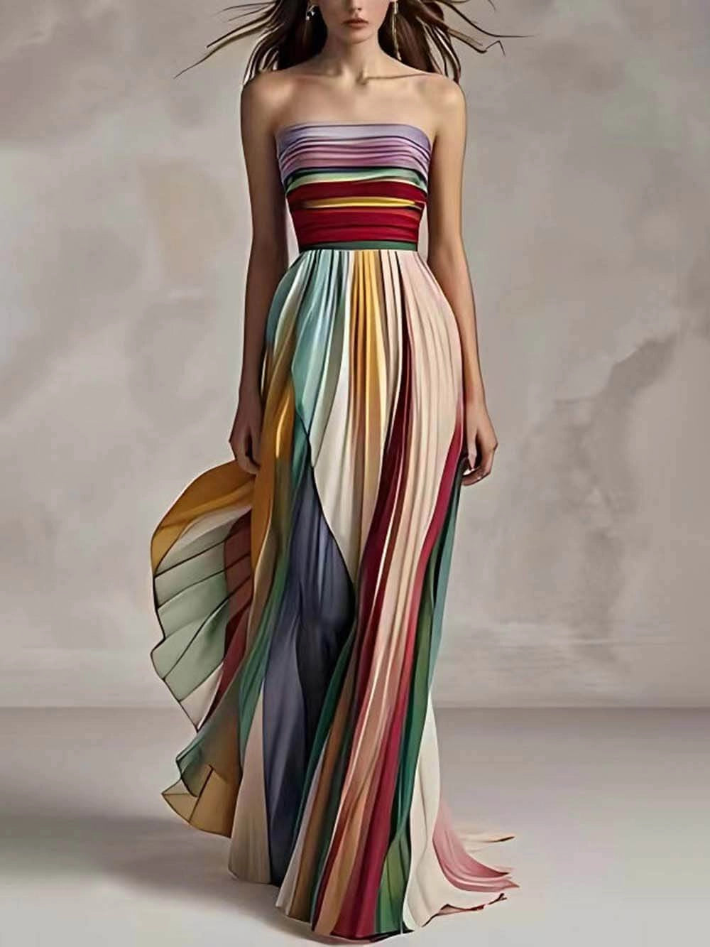 Aria - Striped Printed Off-Shoulder Pleated Bandeau Maxi Dress