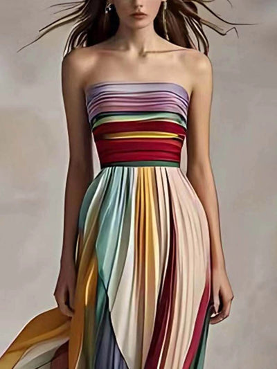 Aria - Striped Printed Off-Shoulder Pleated Bandeau Maxi Dress