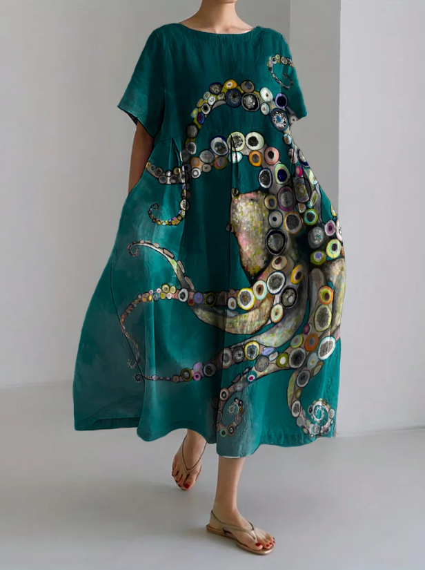 Cora | Colorful Octopus Oil Painting Linen Blend Maxi Dress