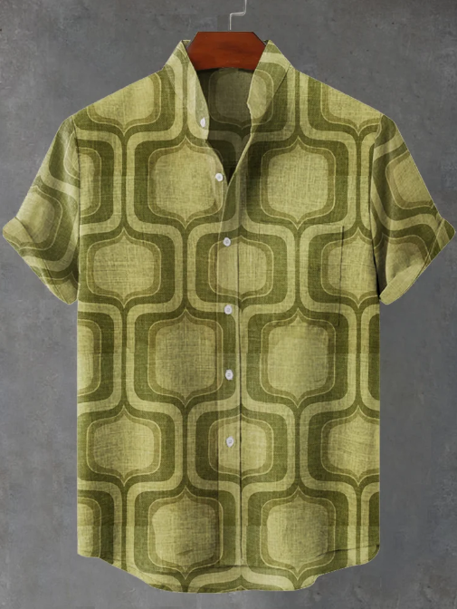 Dominic 1970s Minimalist Geometric Green Retro Wallpaper Print Casual Shirt