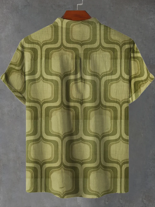 Dominic 1970s Minimalist Geometric Green Retro Wallpaper Print Casual Shirt