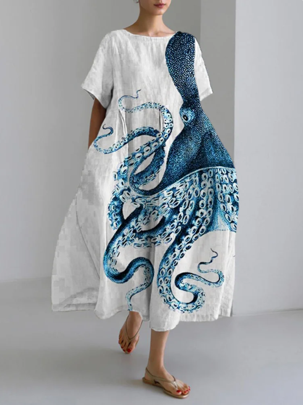 Clara |  Octopus Ocean Art Linen Blend Maxi Dress
