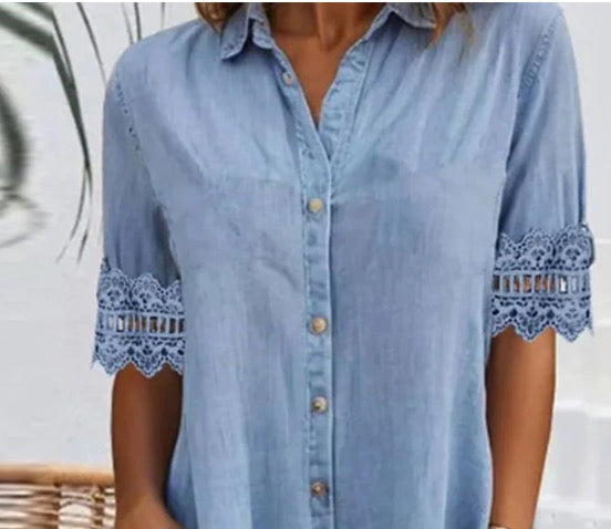 Blue Plain Collared Lace Trim Denim MIni Dress