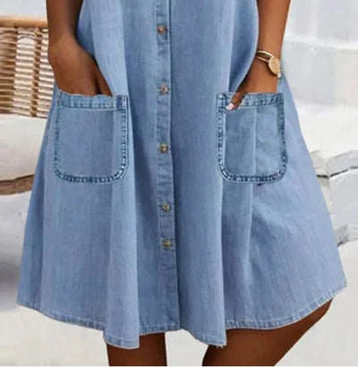 Blue Plain Collared Lace Trim Denim MIni Dress