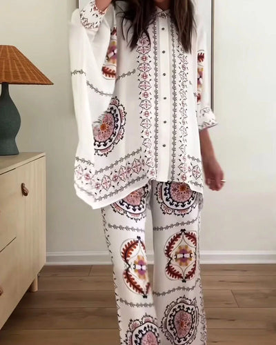 Francine - Fashion Print Shirt & Pants Two-Piece Set