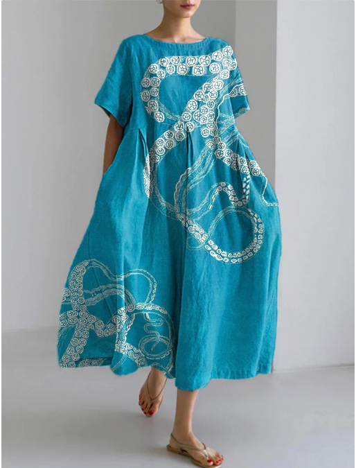Freya | Vintage Octopus Print Linen Blend Dress