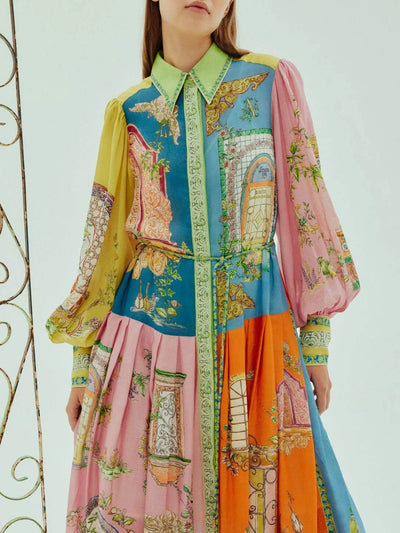 Evelyn - Exquisite Garden Print Button-Down Midi Dress