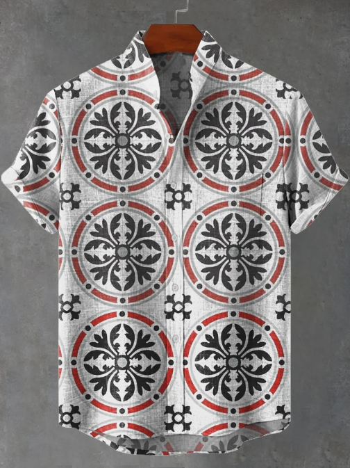 Felix Black Red on White Decorative Ornate Circle Pattern Floor Tiles Print Casual Shirt