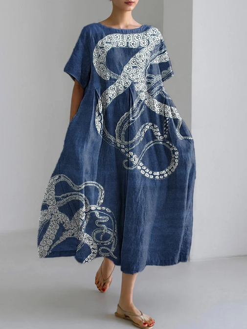 Freya | Vintage Octopus Print Linen Blend Dress
