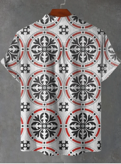 Felix Black Red on White Decorative Ornate Circle Pattern Floor Tiles Print Casual Shirt