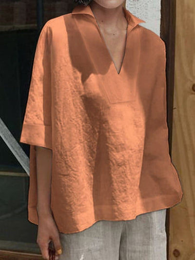 Women's V-neck Solid Colour Loose Mid-Sleeve Shirt