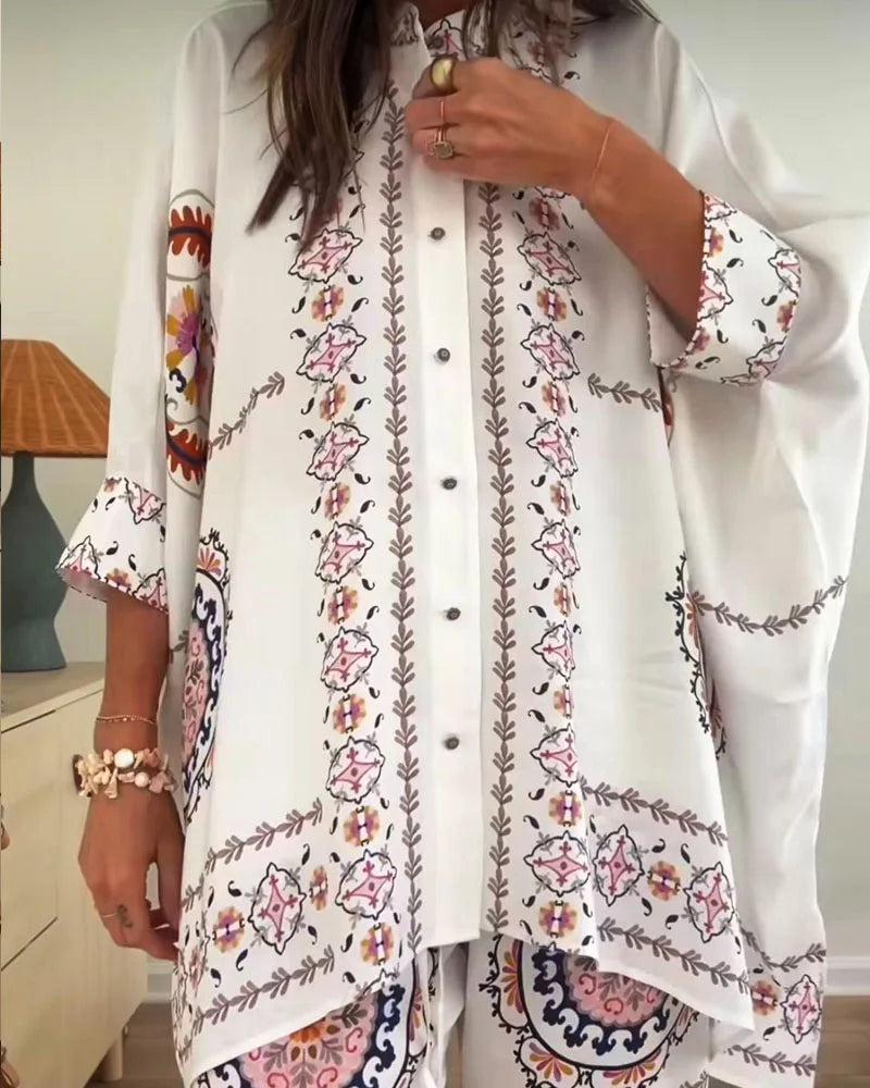 Francine - Fashion Print Shirt & Pants Two-Piece Set