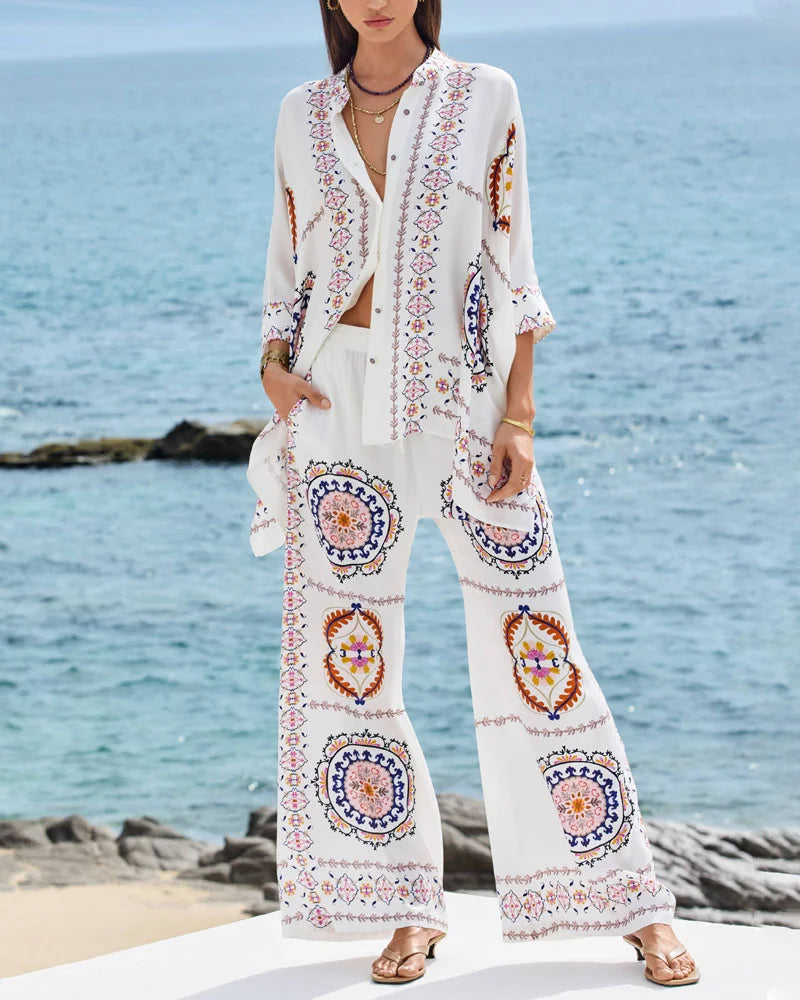 Francine - Fashion Print Shirt & Pants Two-Piece Set