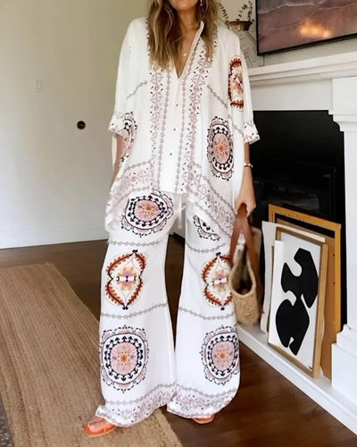 Francine - Fashion Print Shirt & Pants Two-Piece Set