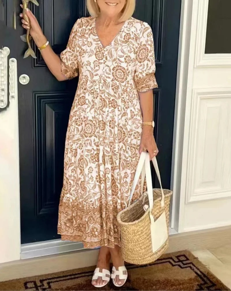 Carmen™ | Floral Belly-Covering Dress with V-Neck