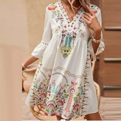 Celina - Boho Embroidered V-Neck Dress