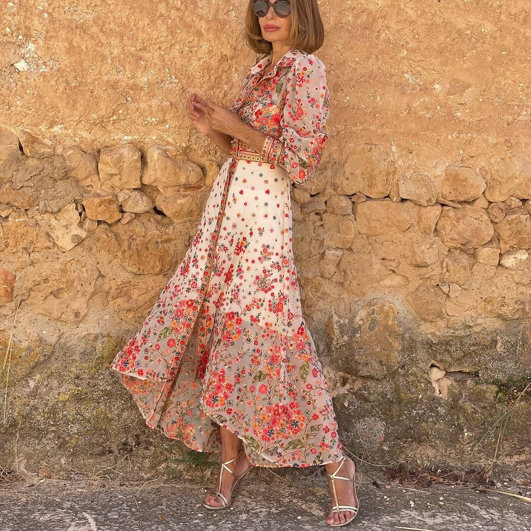 Isabella Elegant Floral Print Collared Maxi Dress
