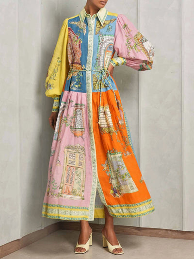 Evelyn - Exquisite Garden Print Button-Down Midi Dress