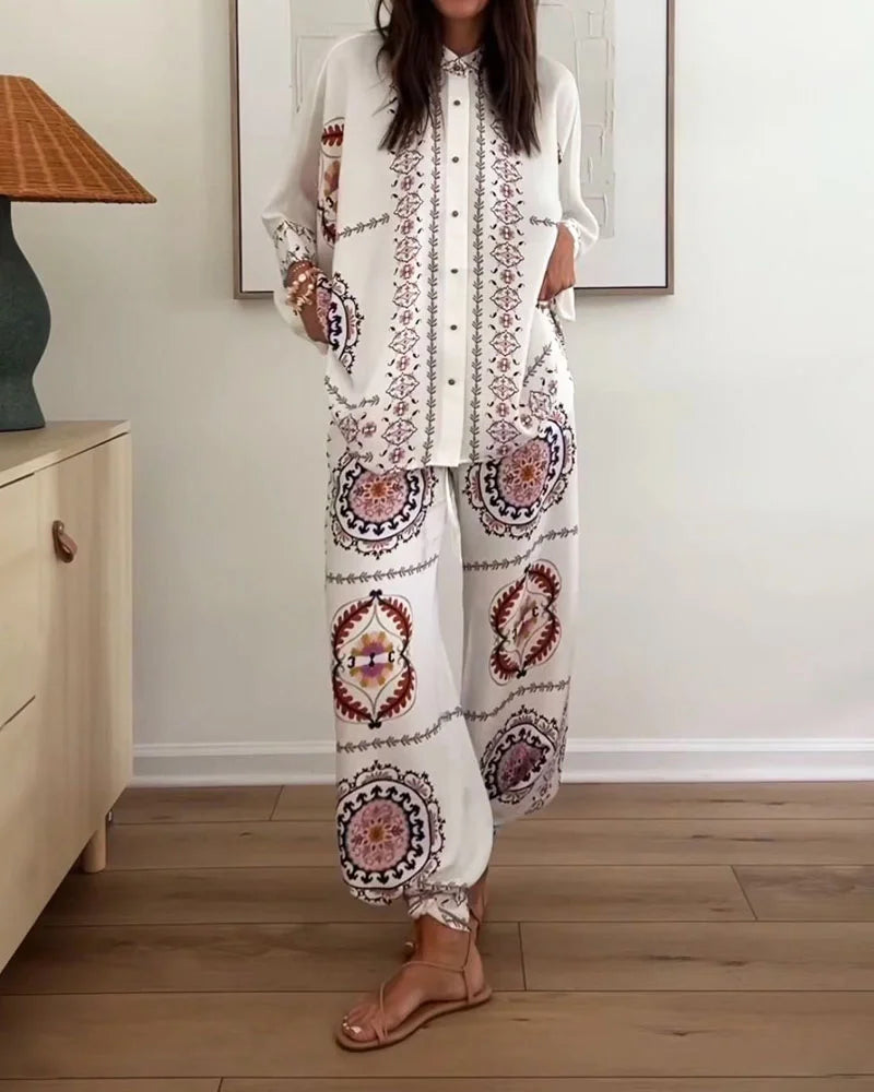 Francine - Fashion Print Shirt & Pants Two-Piece Set