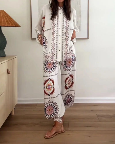 Francine - Fashion Print Shirt & Pants Two-Piece Set