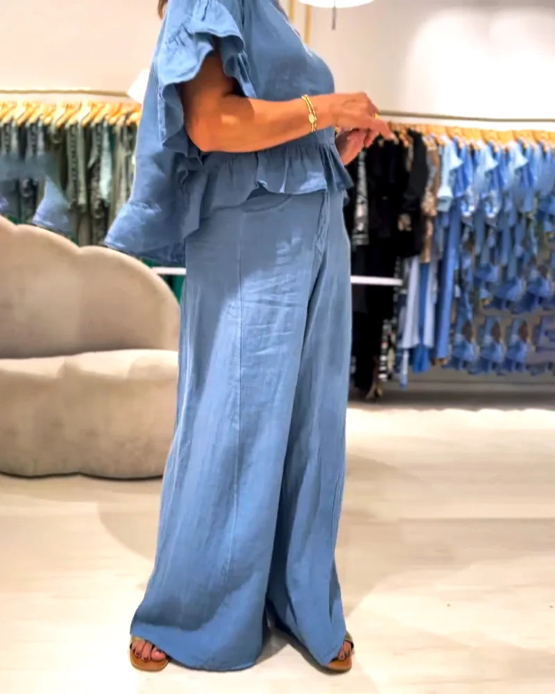 Elsa - Solid Cotton And Linen Round Neck Top & Pants Two-Piece Set