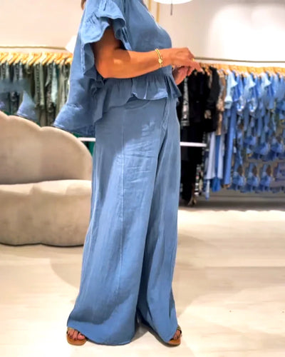Elsa - Solid Cotton And Linen Round Neck Top & Pants Two-Piece Set