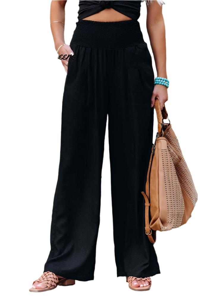 Cecilia- Women's Cotton and Linen Elasticated Waist-waisted Wide-leg Pants