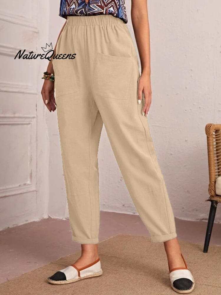 Cotton and Linen Elastic Waist Pocket Tapered Pants