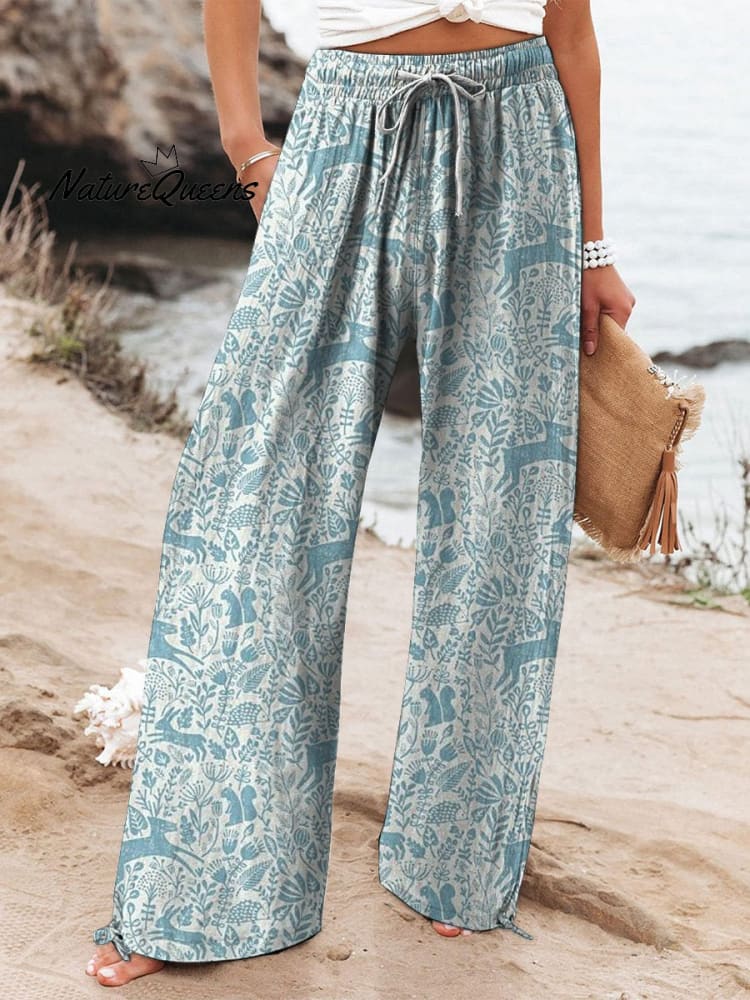Batik Style Spring Woodland Pattern Printed Women's Cotton And Linen Casual Pants