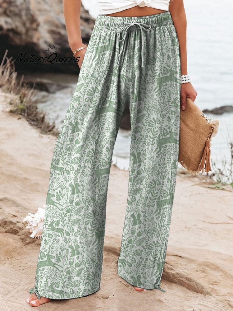 Batik Style Spring Woodland Pattern Printed Women's Cotton And Linen Casual Pants